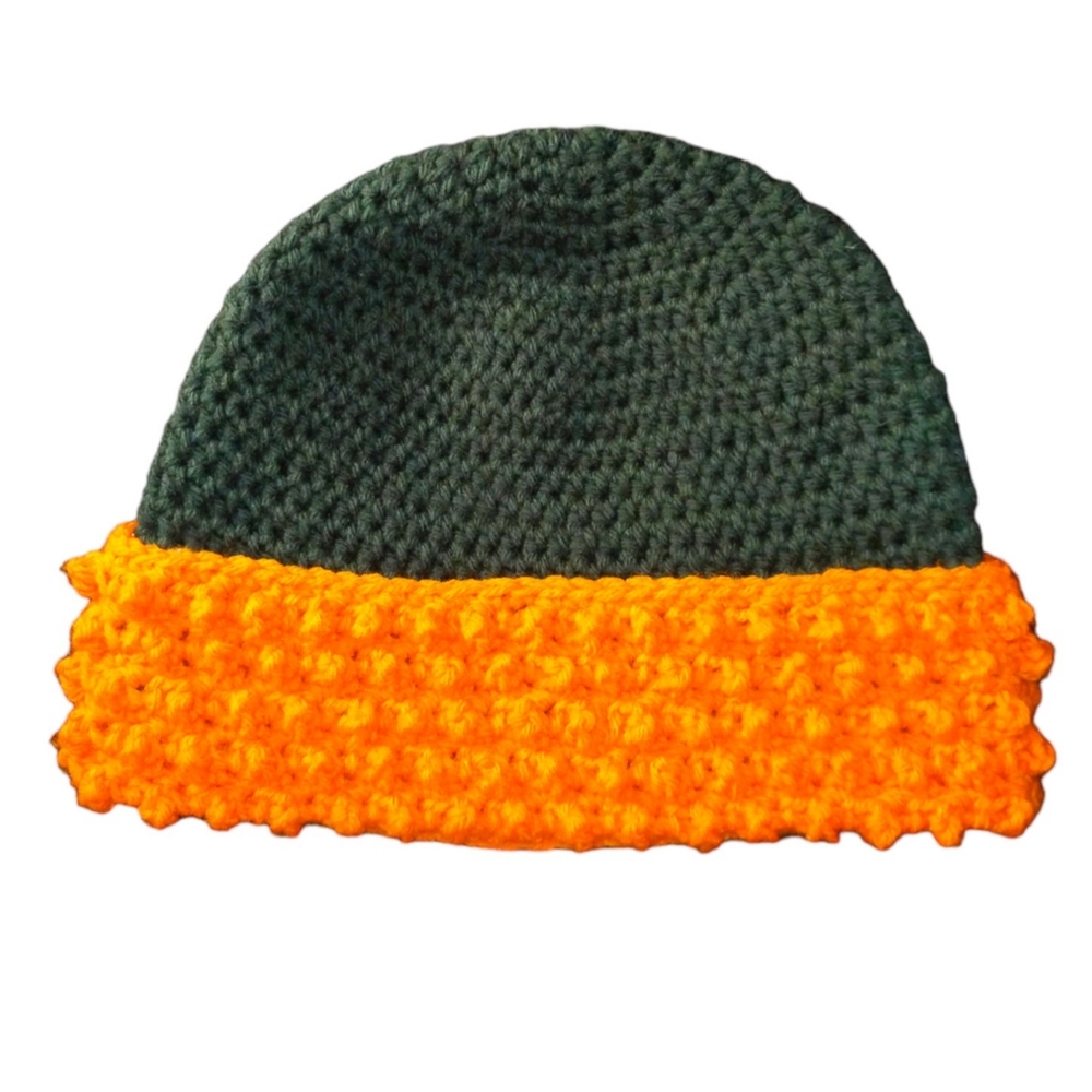Crochet Green/Orange Beanie Size Small